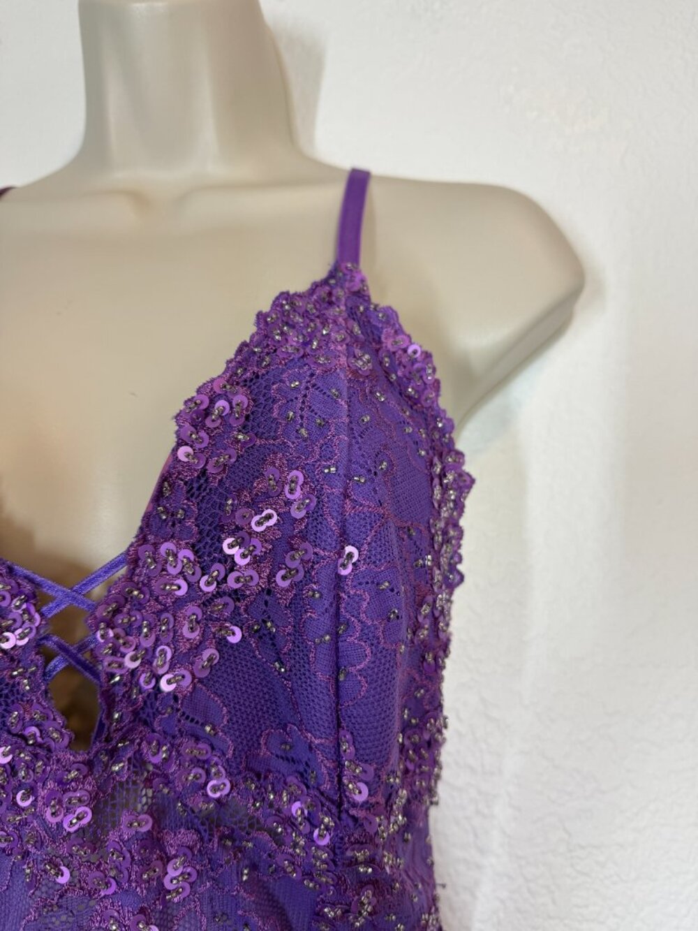 Marciano Corset Cami Top Purple Sequin Lace Beaded Medium Y2K Party Blouse - Picture 6 of 12